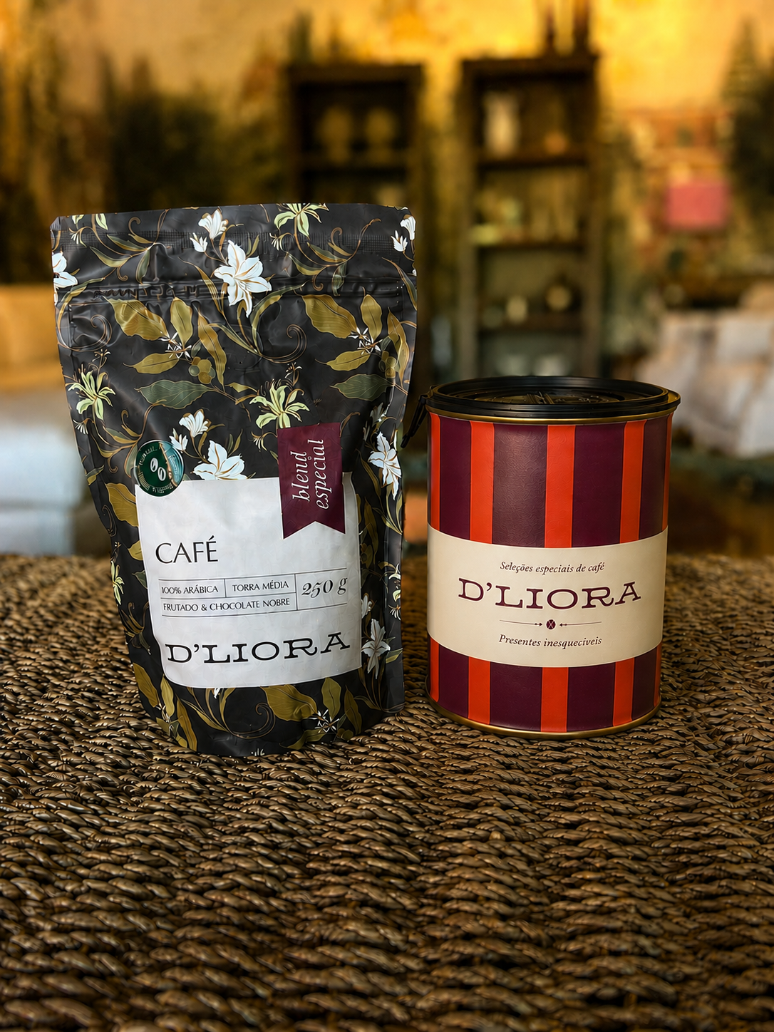 Kit Ritual 1 café em grãos 250g, 1 lata de chocolate D’Liora 80g e 1 caixa presenteável D'Liora Cafés