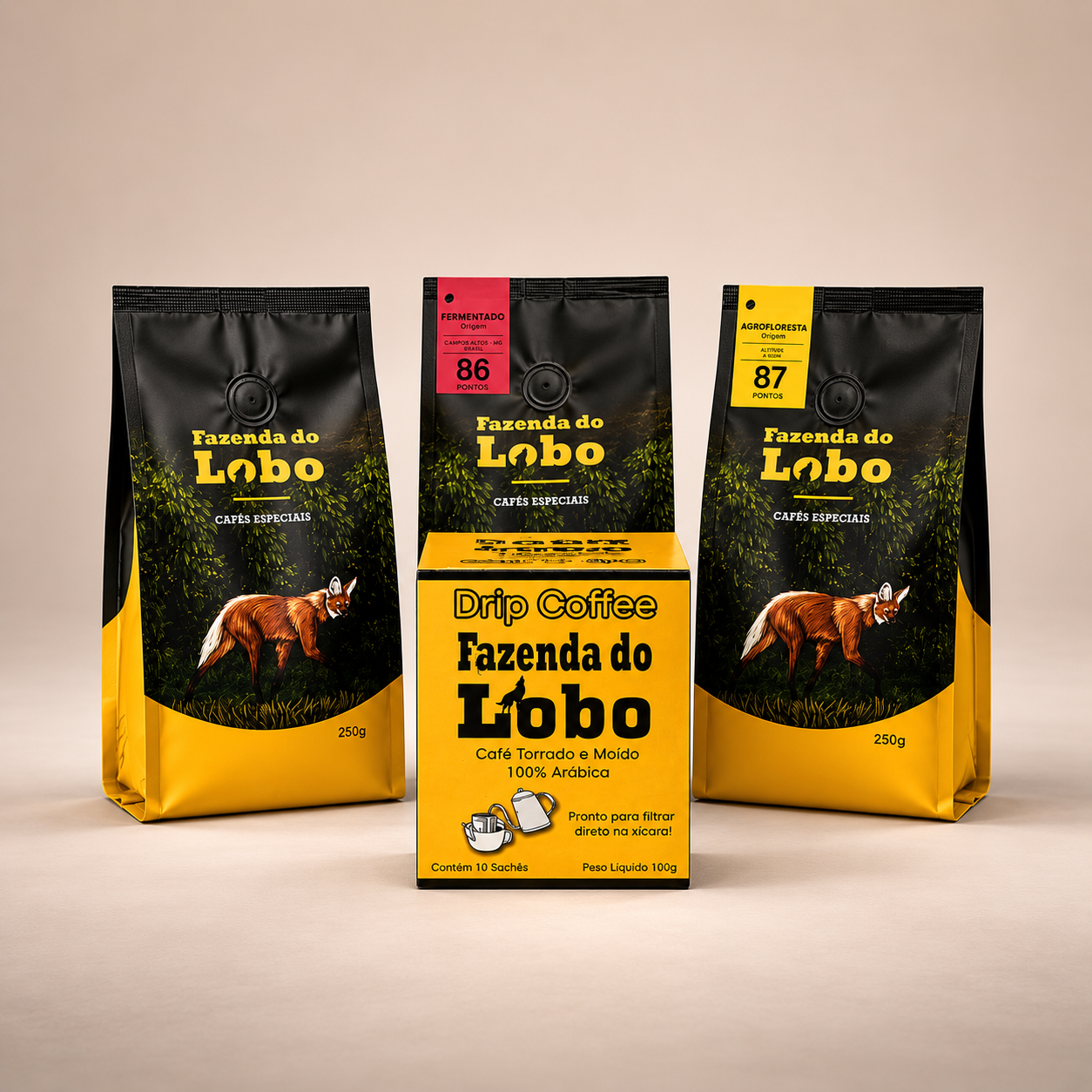 SuperKit Lobinho Todas as 3 variedades 250g e Drip Coffee 100% Arábica Fazenda do Lobo