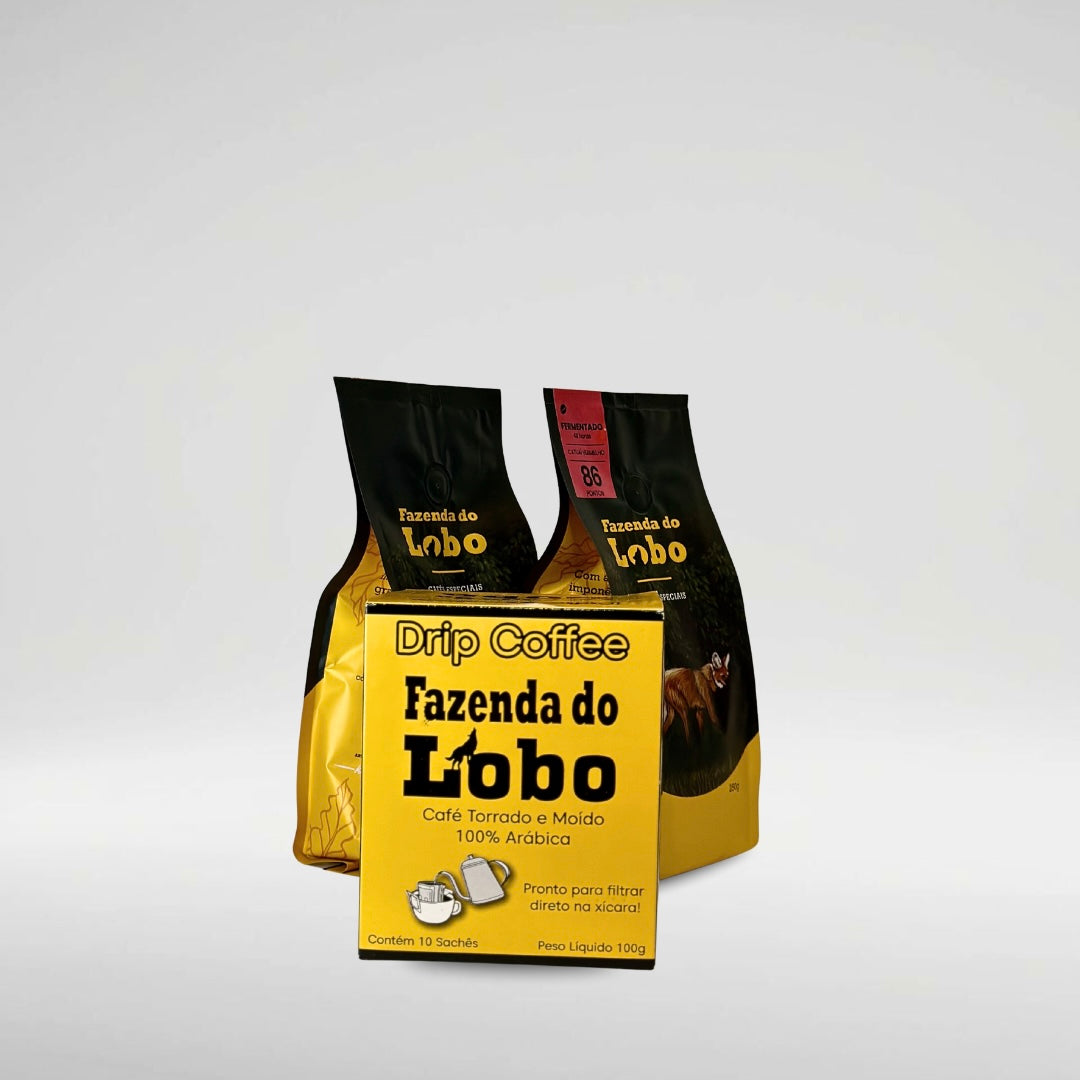 Kit Lobinho - Café Especial 250g 2 Un + Drip Coffee 100% Arábica Fazenda do Lobo