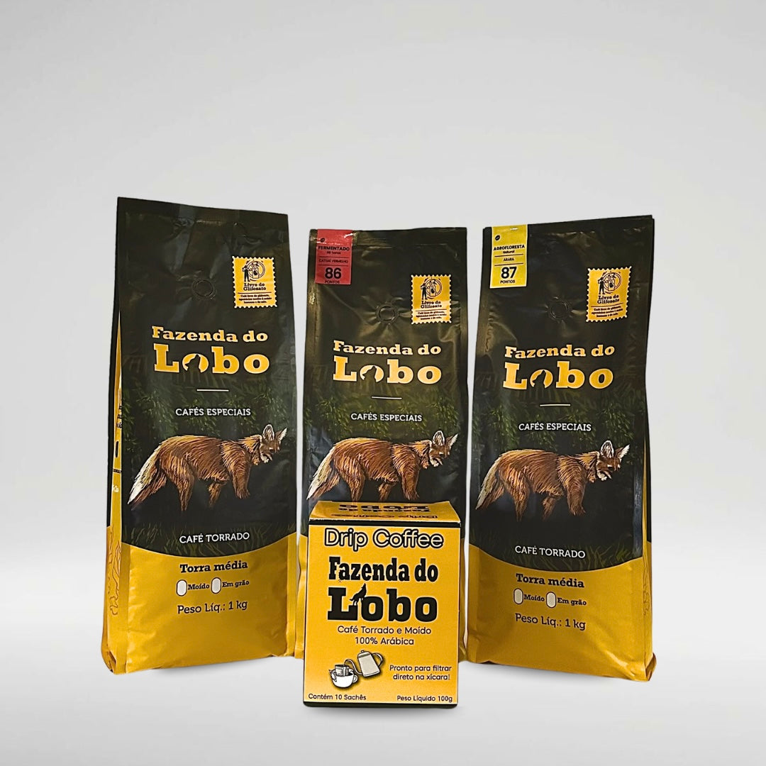 SuperKit Lobão Todas as 3 variedades 1kg e Drip Coffee 100% Arábica Fazenda do Lobo
