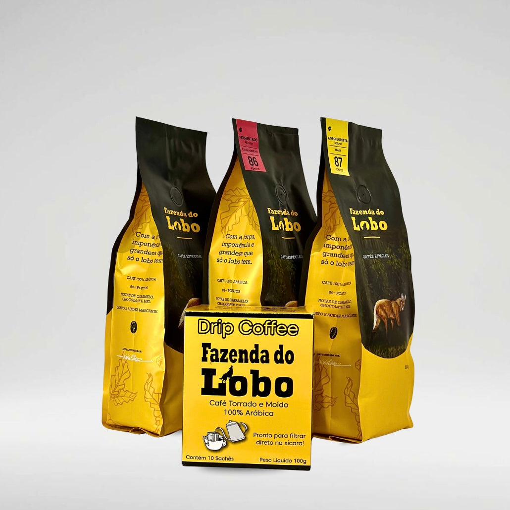 SuperKit Lobo Todas as 3 variedades 500g e Drip Coffee 100% Arábica Fazenda do Lobo