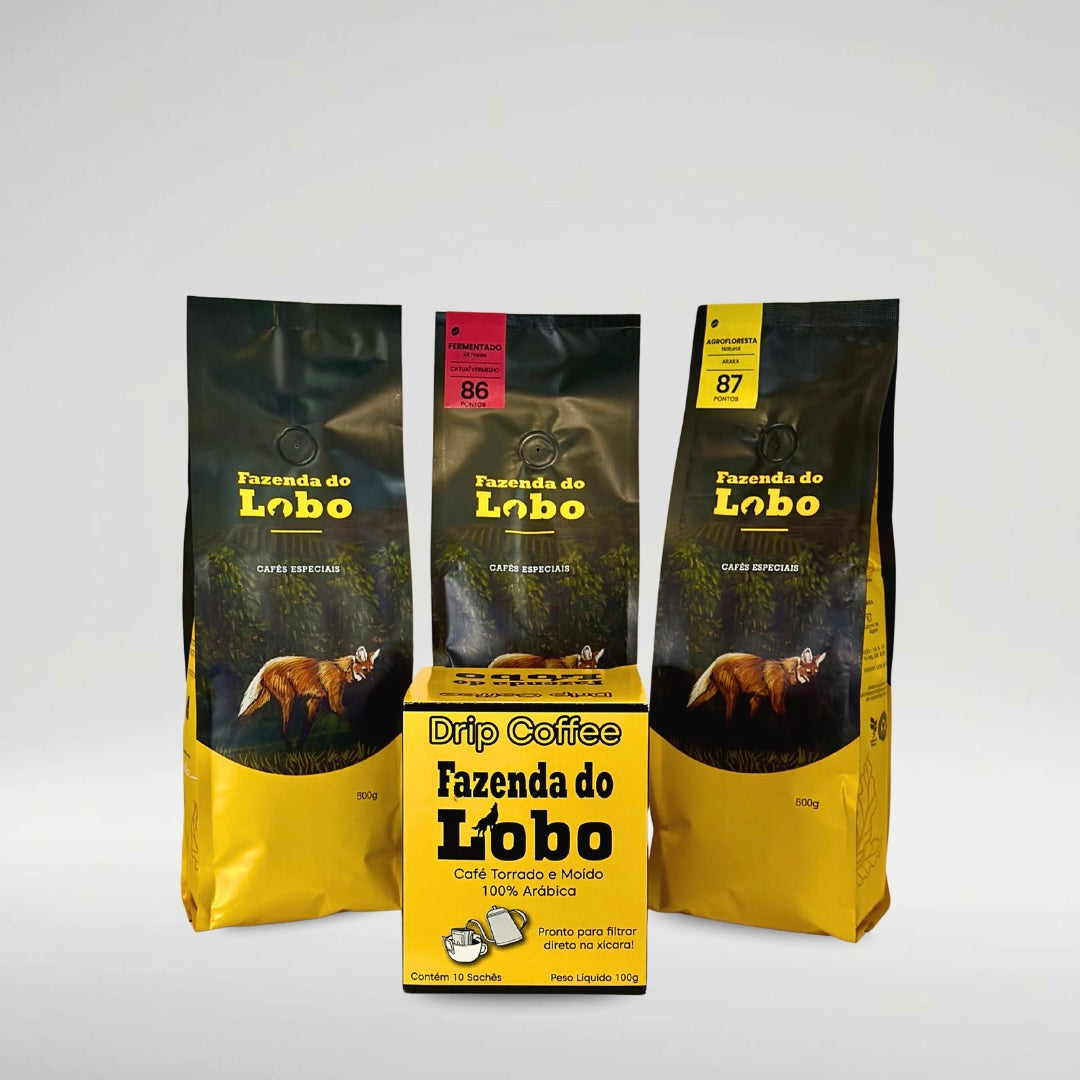 SuperKit Lobo Todas as 3 variedades 500g e Drip Coffee 100% Arábica Fazenda do Lobo