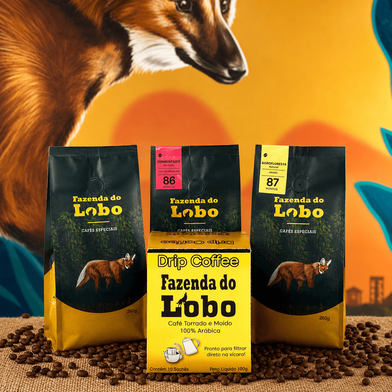 SuperKit Lobinho Todas as 3 variedades 250g e Drip Coffee 100% Arábica Fazenda do Lobo