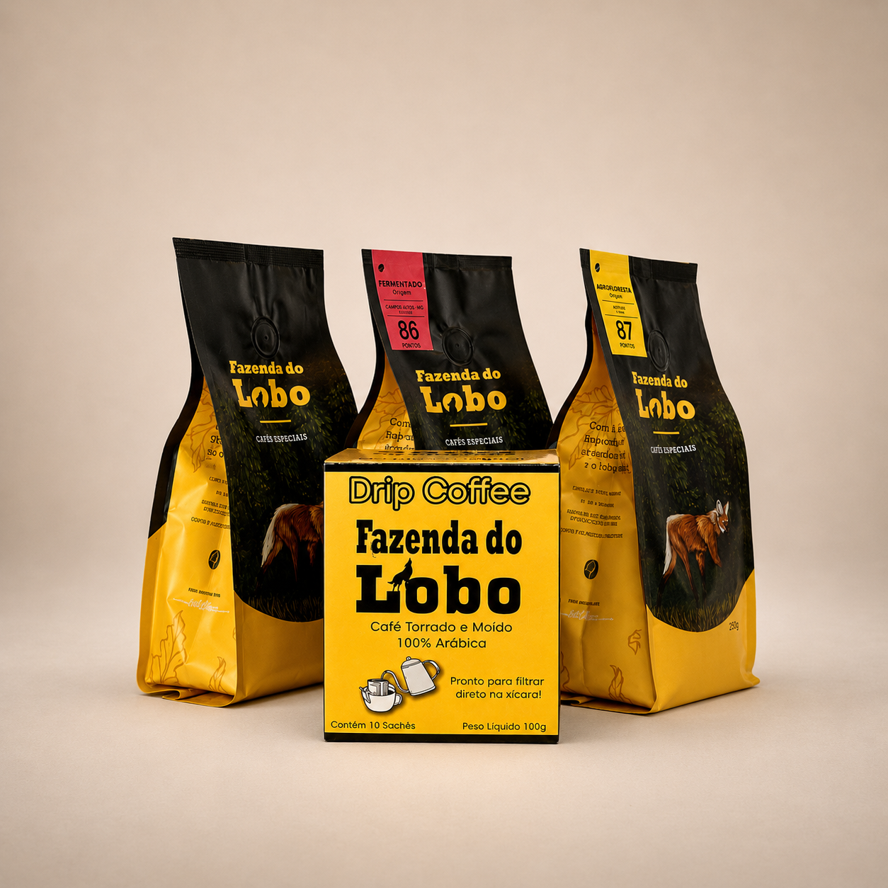 SuperKit Lobinho Todas as 3 variedades 250g e Drip Coffee 100% Arábica Fazenda do Lobo