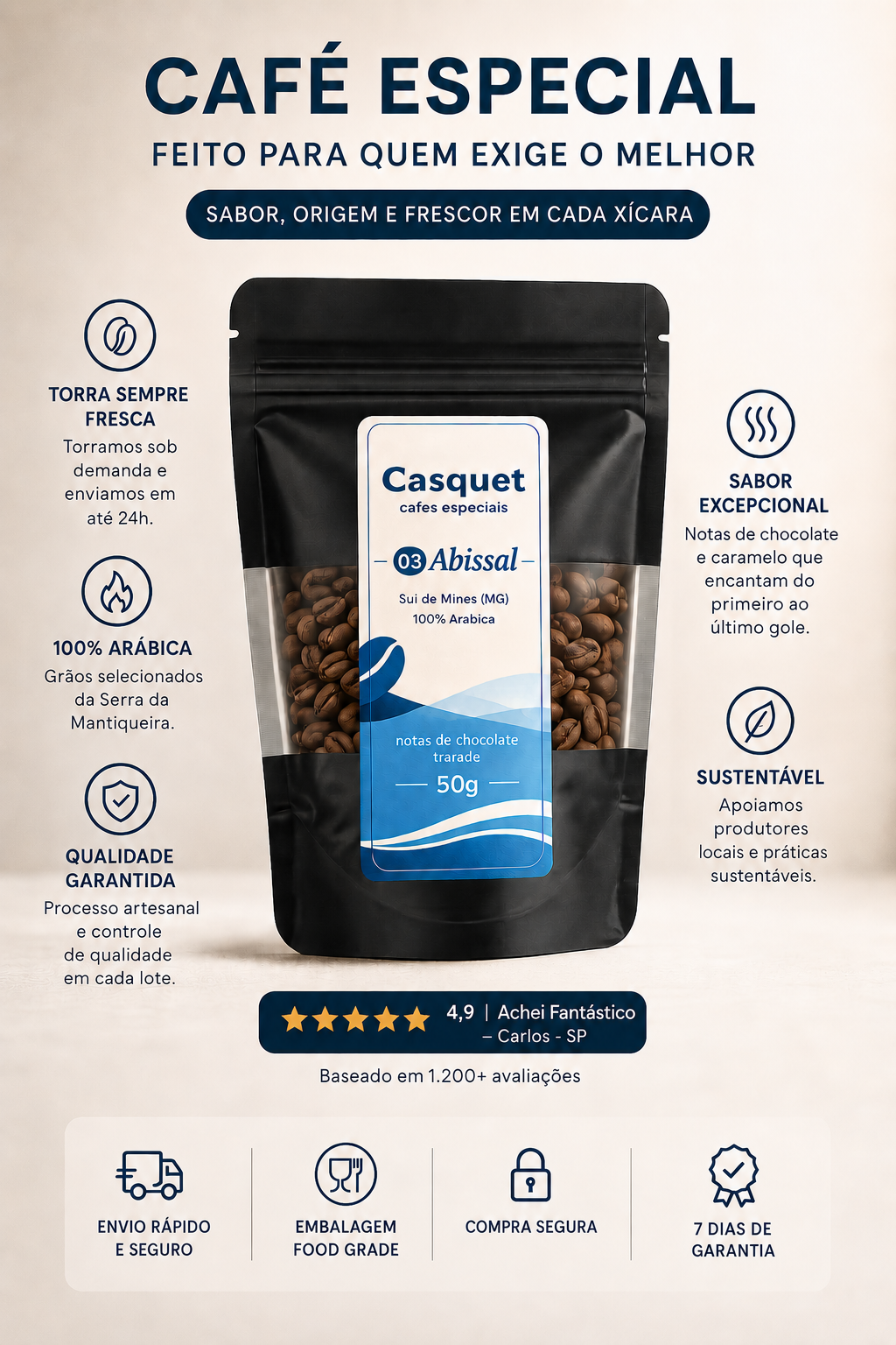 Kit Degustação Café Especial 100% Arábica Casquet | 4 Cafés Especiais Torrados | 4 Regiões Microlotes de 50g em Grãos
