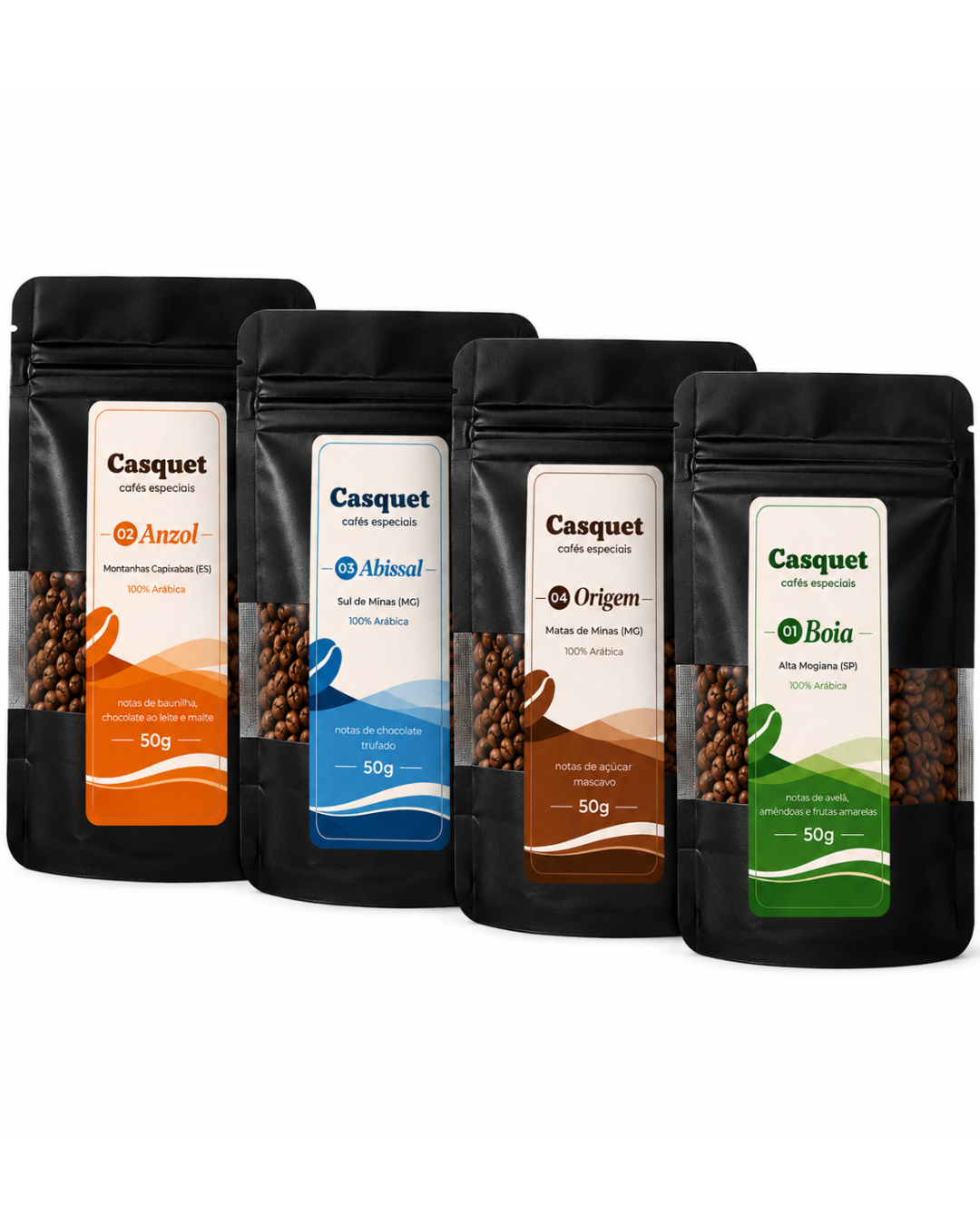 Kit Degustação Café Especial 100% Arábica Casquet | 4 Cafés Especiais Torrados | 4 Regiões Microlotes de 50g em Grãos