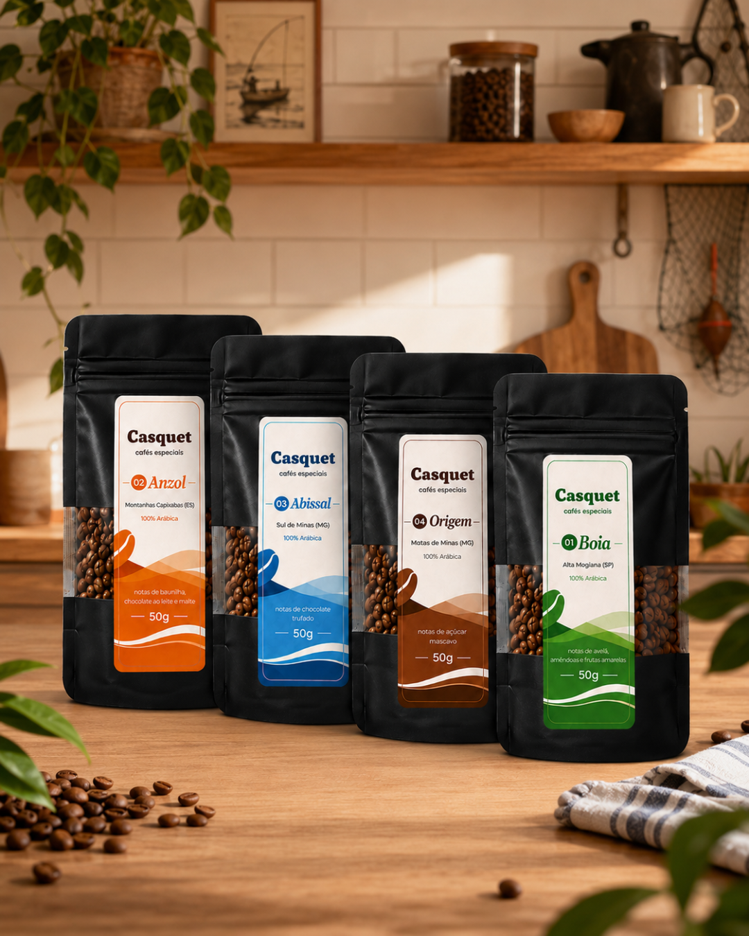 Kit Degustação Café Especial 100% Arábica Casquet | 4 Cafés Especiais Torrados | 4 Regiões Microlotes de 50g em Grãos
