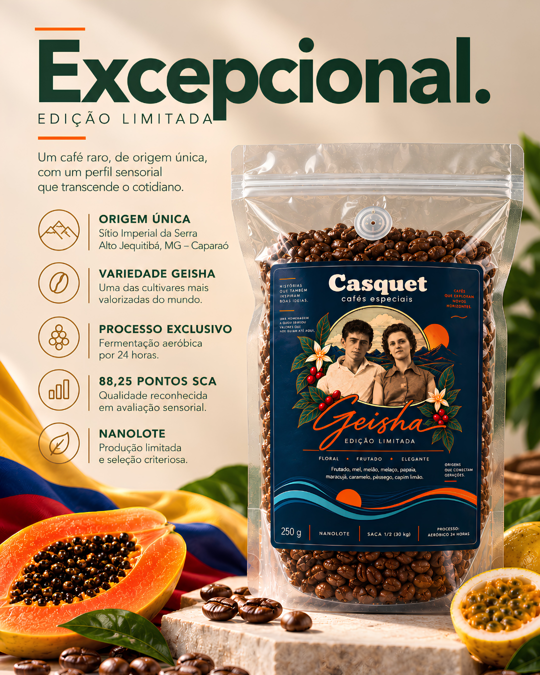 Café Especial Geisha 250g em Grãos Casquet Cafés Especiais Caparaó Nanolote Fermentação Aeróbico 24h
