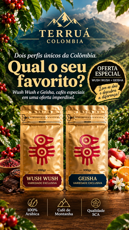 Combo Café Especial Colombiano Geisha 100gr e Wush Wush 100gr em grão