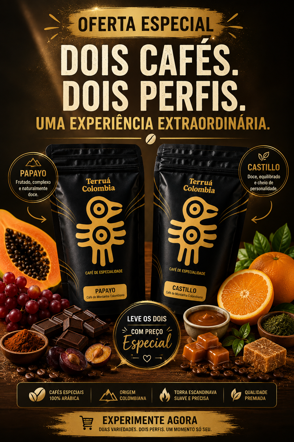 Café Especial Colombiano Papayo Natural e Castillo Lavado 200g em grãos cada
